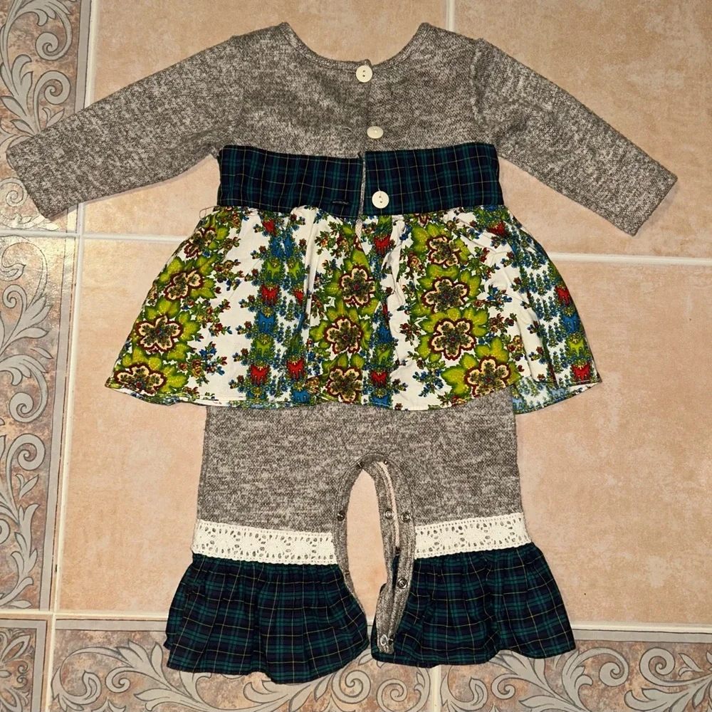 Charming Gray and Green Floral Kids Dress Set - Picture 3 of 5